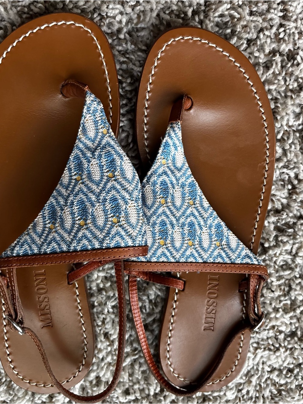 Missoni Brown Leather Sandals with Blue Patterned Straps